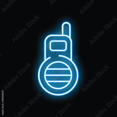 Blue neon sign of a walkie talkie glowing on a black background