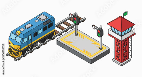 Isometric train railway crossing control tower vector illustration transport logistics traffic railway station infrastructure flat design isolated
