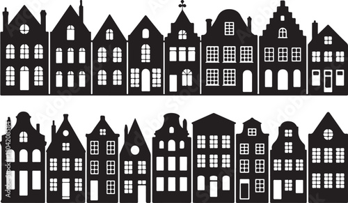Laser cut Amsterdam style houses. Silhouette of row typical Dutch canal houses in the Netherlands. Stylized facade of old buildings. Wood carving, paper cut vector template. Background for banner