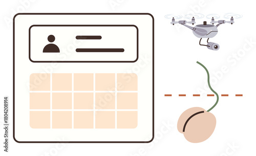 quadcopter carrying agricultural seed over planting area, integrated with digital calendar dashboard. Ideal for technology, farming, efficiency, sustainability, scheduling, seed delivery, simple flat