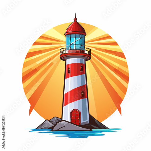 Leuchtturm auf einer Insel umgeben von Wasser - Cartoon Comic Stil