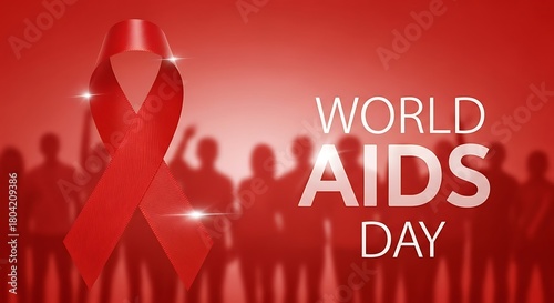 World aids day awareness with red ribbon and blurred people silhouettes on red background to promote support and solidarity for people living with hiv
