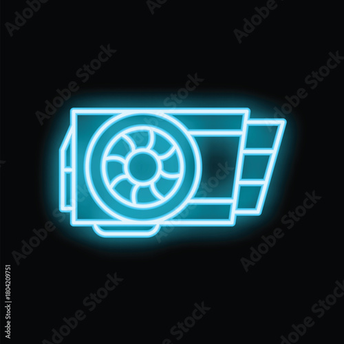 Blue neon sign of a graphics processing unit with fan glowing on black background