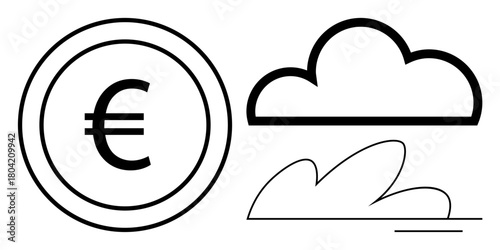 Black and white Euro coin with cloud and wave outlines. Ideal for economy, fintech, savings, sustainability, online banking, cryptocurrency, minimal design. A simple flat metaphor