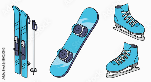 Winter sports equipment vector illustration flat design collection ski snowboard ice skates cold snow season activity alpine leisure recreation gear graphic
