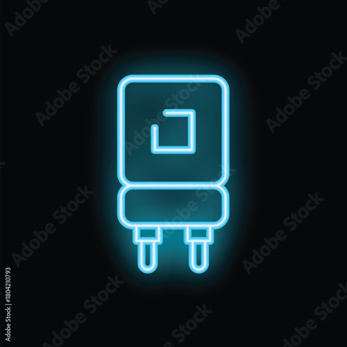 Blue neon icon of a water heater glowing on a dark background