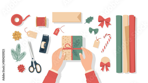 Hands wrapping a gift with festive paper and ribbon.