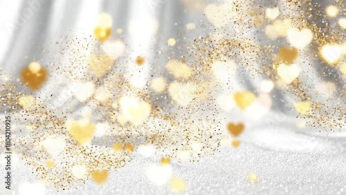 Golden glitter and heart-shaped bokeh lights on a white background.