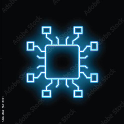 Blue neon cpu microchip icon glowing on black background representing concepts such as technology, computing and digital processing