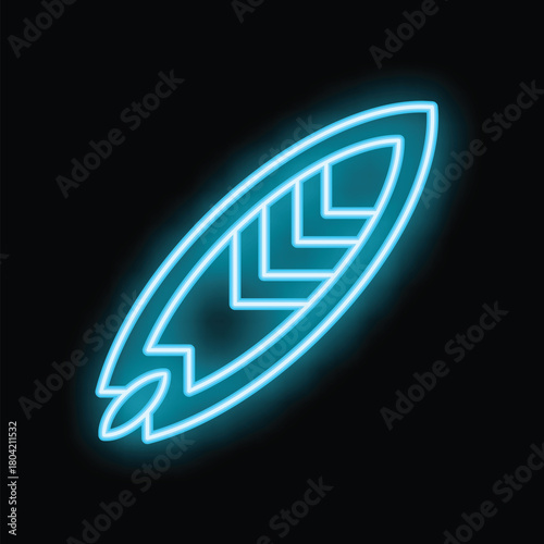 Neon sign illustrating surfboard with polynesian pattern, perfect for attracting customers to bar or shop