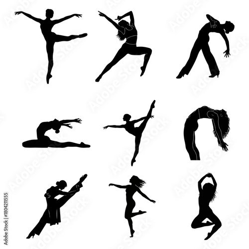 Silhouette collection of nine graceful dancers in various poses, isolated on, showcasing flexibility, artistry, and movement in a minimalist and elegant design
