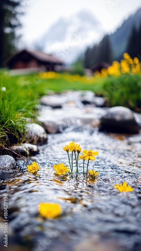 Yellow wildflowers float downstream in a clear mountain creek, with a rustic cabin and misty mountains visible in the distance.
