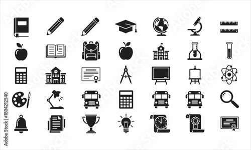 Set of black vector icons representing education and learning. Includes symbols of books, pencil, graduation cap, backpack, microscope, diploma, idea, brain, computer, school desk, globe, and certific