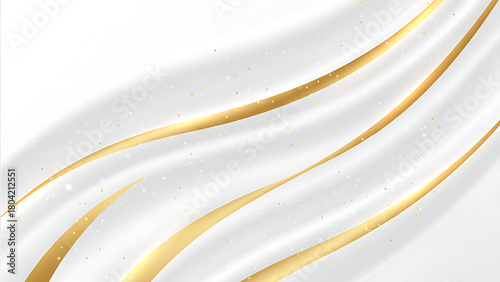 Premium New Year abstract background, soft white and gold palette, smooth silk-like waves, shimmering festive particles, clean luxury minimalism