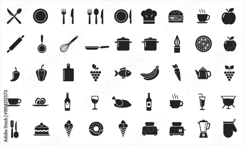 Set of black food and cooking icons, including kitchen utensils, chef hats, meals, fruits, vegetables, drinks, desserts, and cookware. Perfect for restaurant menus, cooking blogs, food delivery apps