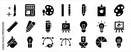 Set of black food and cooking icons, including kitchen utensils, chef hats, meals, fruits, vegetables, drinks, desserts, and cookware. Perfect for restaurant menus, cooking blogs, food delivery apps