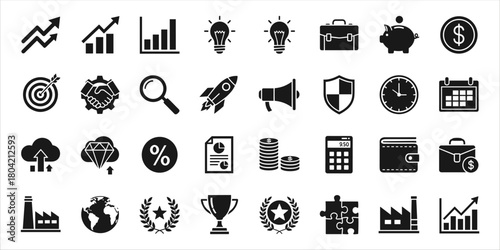 Minimal black business icon set featuring flat vector symbols for corporate use: handshake, target, puzzle, briefcase, trophy, analytics, team, lightbulb, shield, communication, network, mobile