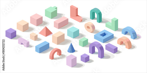 A modern collection of abstract 3D isometric geometric shapes in soft pastel tones. Featuring cubes, spheres, pyramids, cylinders, and creative forms, these minimal vector illustrations are perfect 