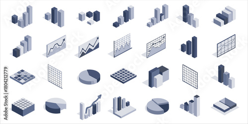 Modern isometric 3D infographic collection with charts, graphs, bar diagrams, and data visualizations. Perfect for business reports, dashboards, finance presentations, UI/UX designs, and corporate