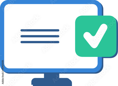 Illustration of computer with a checkmark, representing successful completion and task confirmation