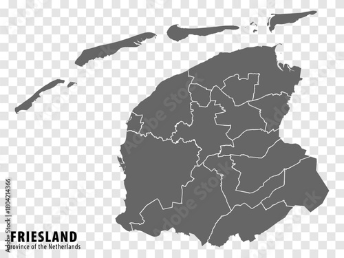 Blank map Province Friesland of Netherlands. High quality map Friesland with municipalities on transparent background for your web site design, logo, app, UI.  EPS10.