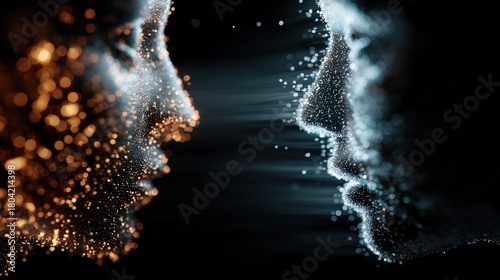 Two human profiles composed of luminous particles facing each other in darkness