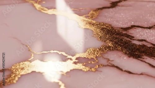 Close-up of a pink and gold marble surface with light reflections.