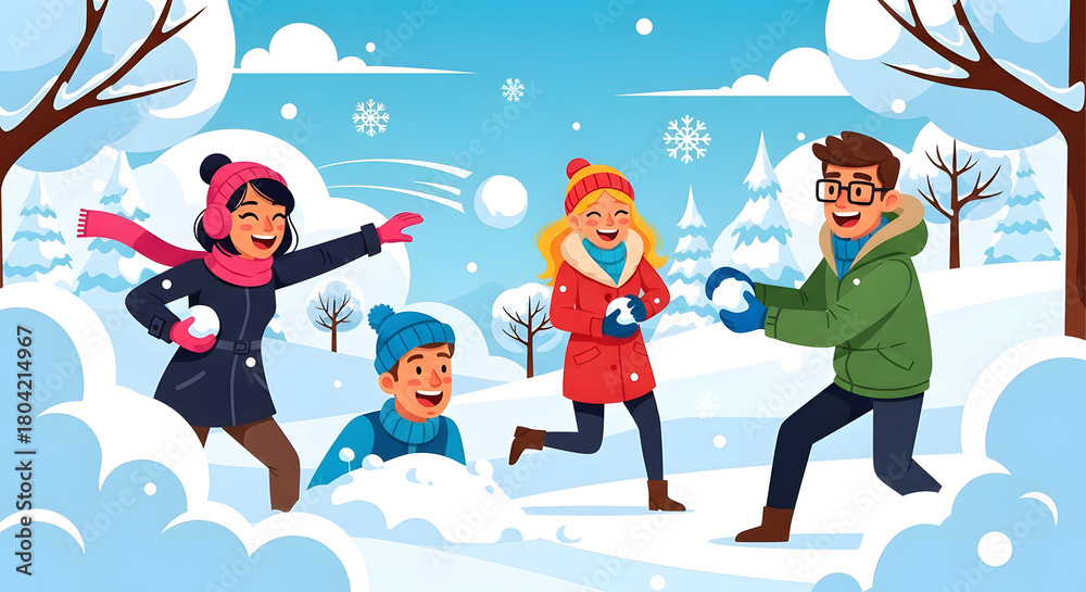 Fototapeta premium Happy Snowball Fight in Winter
