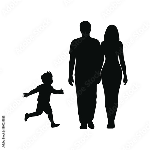 Stylized silhouette vector of a family: father, mother, and a joyful child running, symbolizing strong familial bonds, growth, and happiness.