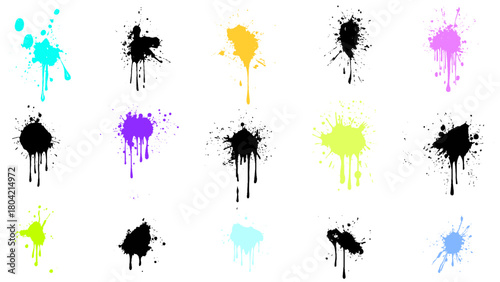colored paint splashes vector. Paint splash or splat, splattered ink, dirty blots artistic elements. Illustration of the colorful paint splashes on a white background 