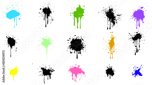 colored paint splashes vector. Paint splash or splat, splattered ink, dirty blots artistic elements.