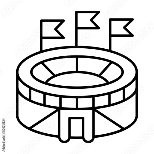 Stadium with flags and entrance thin line icon, baseball game concept. Vector graphics. City main stadium, sport sign on white background, style icon mobile or web design.