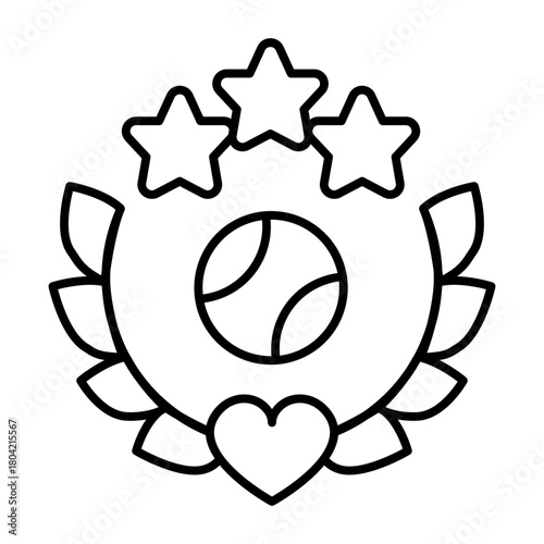 Ball on wreath emblem thin line icon, baseball game concept. Vector graphics. Baseball ball with branches, heart and stars sign on white background, style icon mobile or web design.