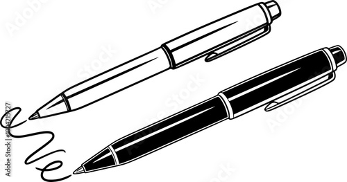 Two pens in minimalist black-and-white line art style, vector