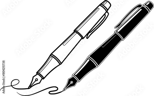 Two pens in minimalist black-and-white line art style, vector
