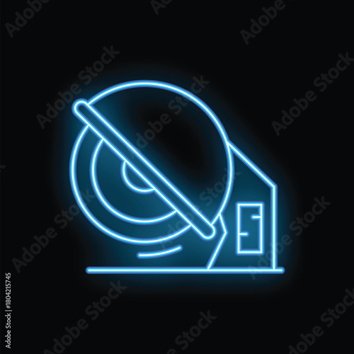 Blue neon icon of an angle grinder cutting tool glowing on a black background