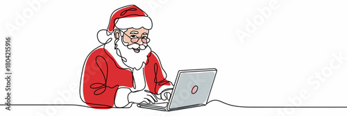 Santa Claus typing on laptop in minimalist line art with color accents, single line drawing with color accents on white background
