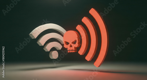 An ominous, stylized image conveying the dangers of unsecured wireless networks, highlighting the vulnerability of online security.