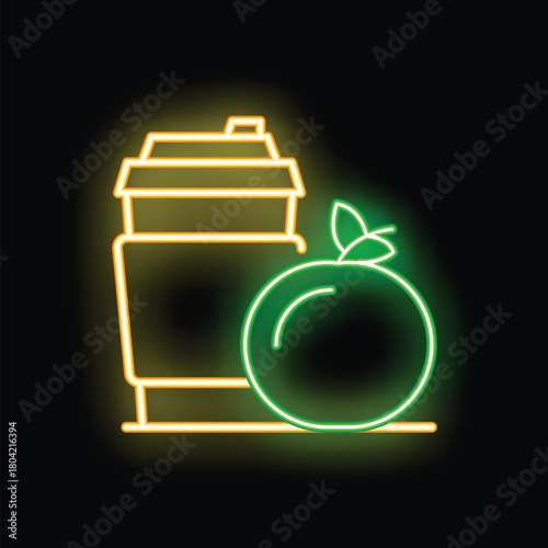 Glowing neon line coffee cup and apple icon isolated on black background. Break fast. Healthy breakfast. Vector illustration