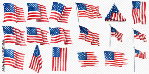 Collection of American flags in various waving and static positions, including folded and on a pole, with a transparent background.