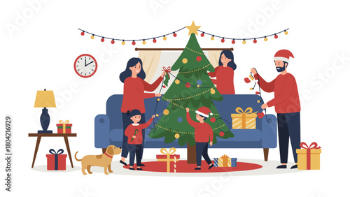 Family Decorating Christmas Tree Together During Holiday Season.