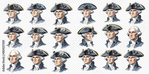 Multiple illustrations of George Washington, depicted with and without his iconic tricorn hat, showcasing various historical representations.