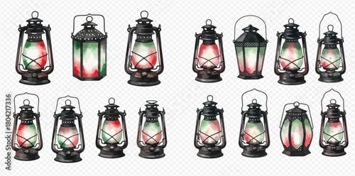 A collection of vintage oil lanterns with glowing red and green light, showcasing various traditional designs and antique styles.