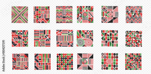 Collection of diverse abstract geometric patterns in red, green, black, and pink, featuring various shapes like squares, triangles, circles, and zigzags arranged in repeating motifs.