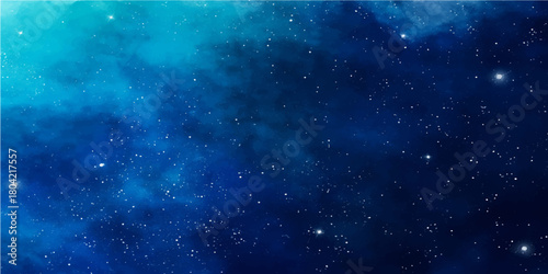 A vibrant blue abstract background of outer space and deep sky is filled with twinkling stars and an ethereal nebula of light