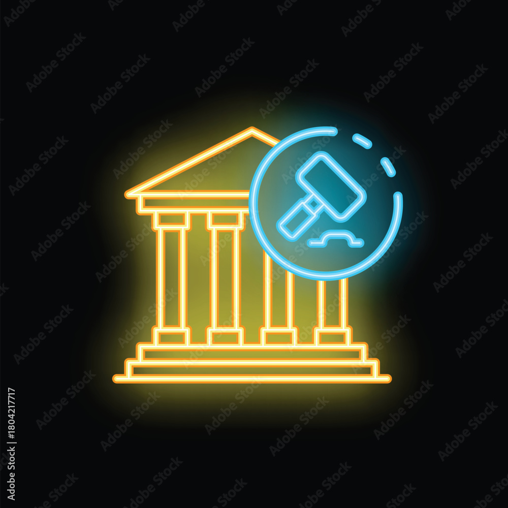 Fototapeta premium Neon sign depicting auctioning of courthouse building with columns illuminated in vibrant yellow and blue colors on black background
