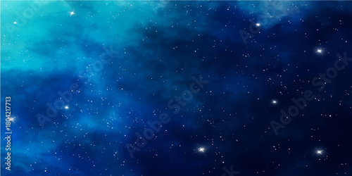 Deep blue outer space background with bright stars, an abstract nebula of light in the dark universe