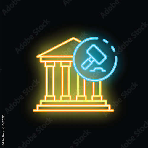 Neon sign depicting auctioning of courthouse building with columns illuminated in vibrant yellow and blue colors on black background