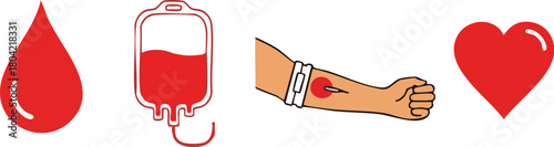 A medical illustration of a blood drop, IV bag, arm with a bandaged needle prick, and heart on a white background, representing aids and healthcare.
