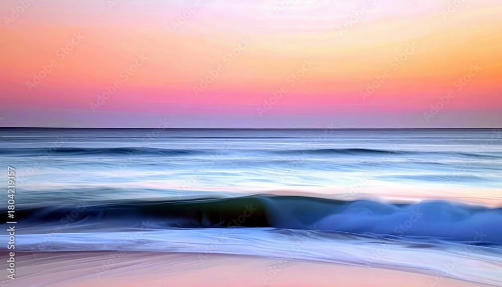 Obraz premium A serene ocean landscape at sunset, featuring soft pastel colors in the sky and blurred motion of waves and the shoreline.